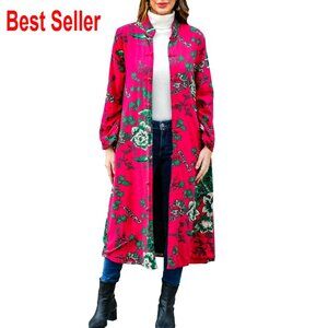 Vintage Floral Trench Coat Plus Size Cotton Linen Boho Long Jacket with Pockets